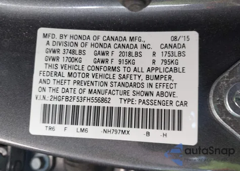 2015 Honda Civic Lx z USA, uszkodzony, nr VIN 2HGFB2F53FH556862